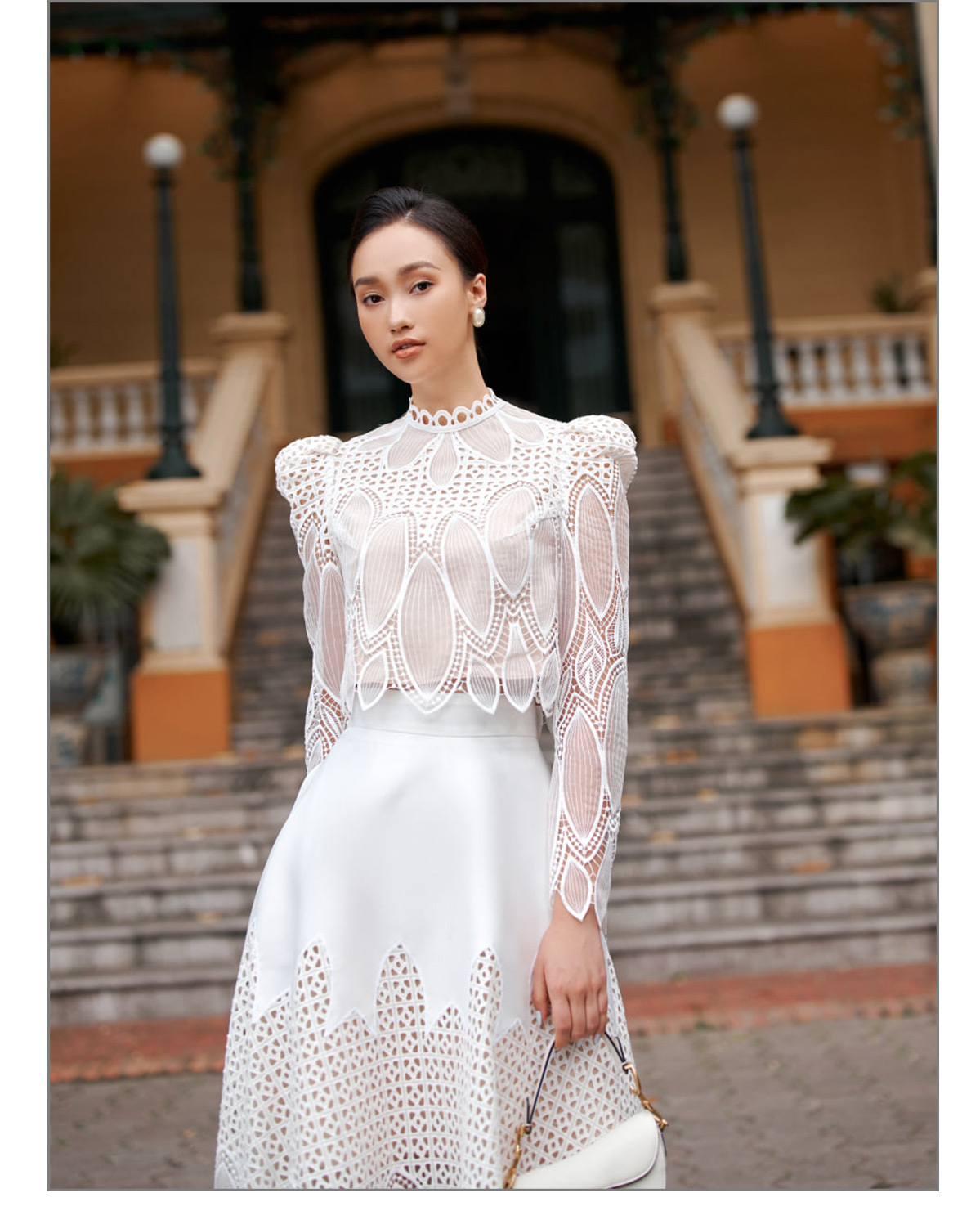 Womens o-neck puff long sleeve crochet lace short top and high waist ball gown hollow out skirt 2 piece dresses suit twinset SML