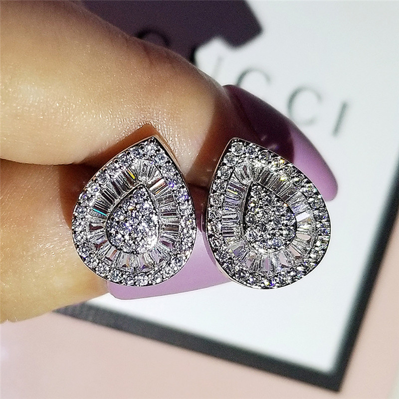 Stud Earrings: Sterg Sier Princess Cut 5A Cubic Zirconia CZ Dia Pave Sparkg Women's Wedding Water Drop Earrings