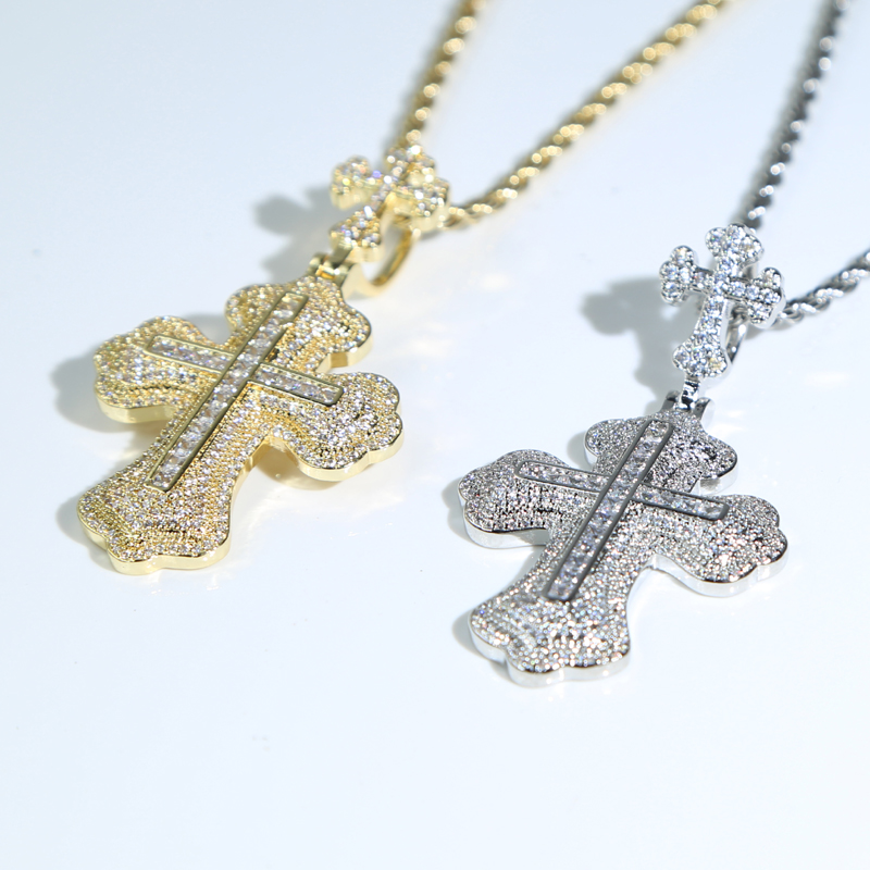 Hip Pop Iced Out Bling Cz Cross Pendant Necklace Full Paved Cubic Zircon Gold Color Neck Chain Accessories Men Jewelry