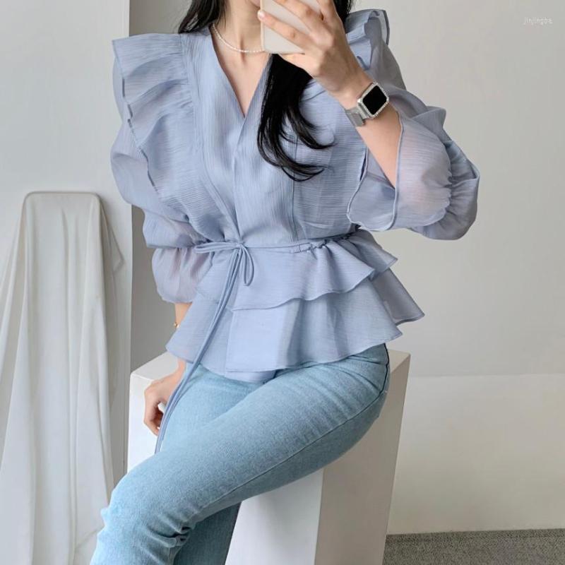 Women's Blouses Korean Chic Spring Vintage Shirt Women Slim Cross V-neck Lace-up Double Layer Ruffle Flare Sleeve Elegant Blusas Mujer, Blue
Women's Blouses Korean Chic Spring Vintage Shirt Women Slim Cross V-neck Lace-up Double Layer Ruffle Flare Sleeve Elegant Blusas Mujer, Blue