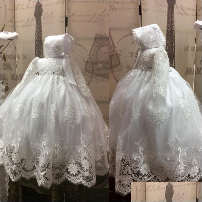 

First Communion Dresses Lace Ball Gown Baby Christening Dress White Baptism Outfits With Long Sleeves Formal Infant Girl Bonnet Drop Dhmsh