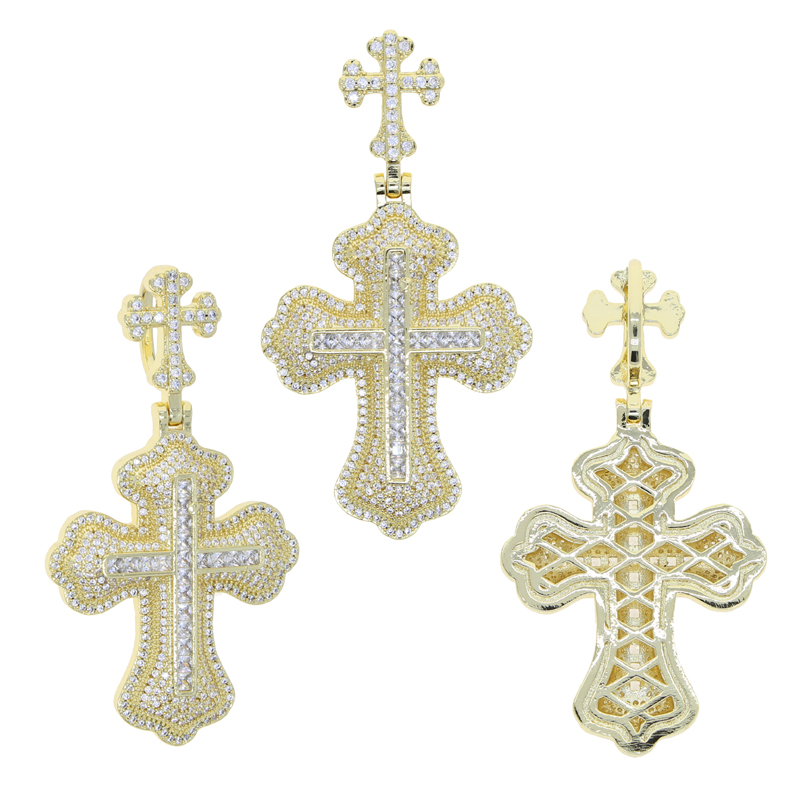 Hip Pop Iced Out Bling Cz Cross Pendant Necklace Full Paved Cubic Zircon Gold Color Neck Chain Accessories Men Jewelry