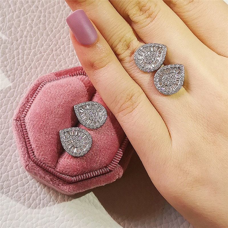 Stud Earrings: Sterg Sier Princess Cut 5A Cubic Zirconia CZ Dia Pave Sparkg Women's Wedding Water Drop Earrings