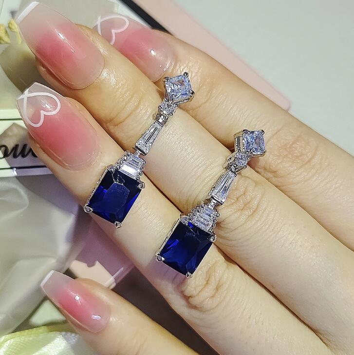 Sterg Sier Blue Sapphire CZ Dia Cut Dangle Earrings for Women's Party Wedding Jewelry
