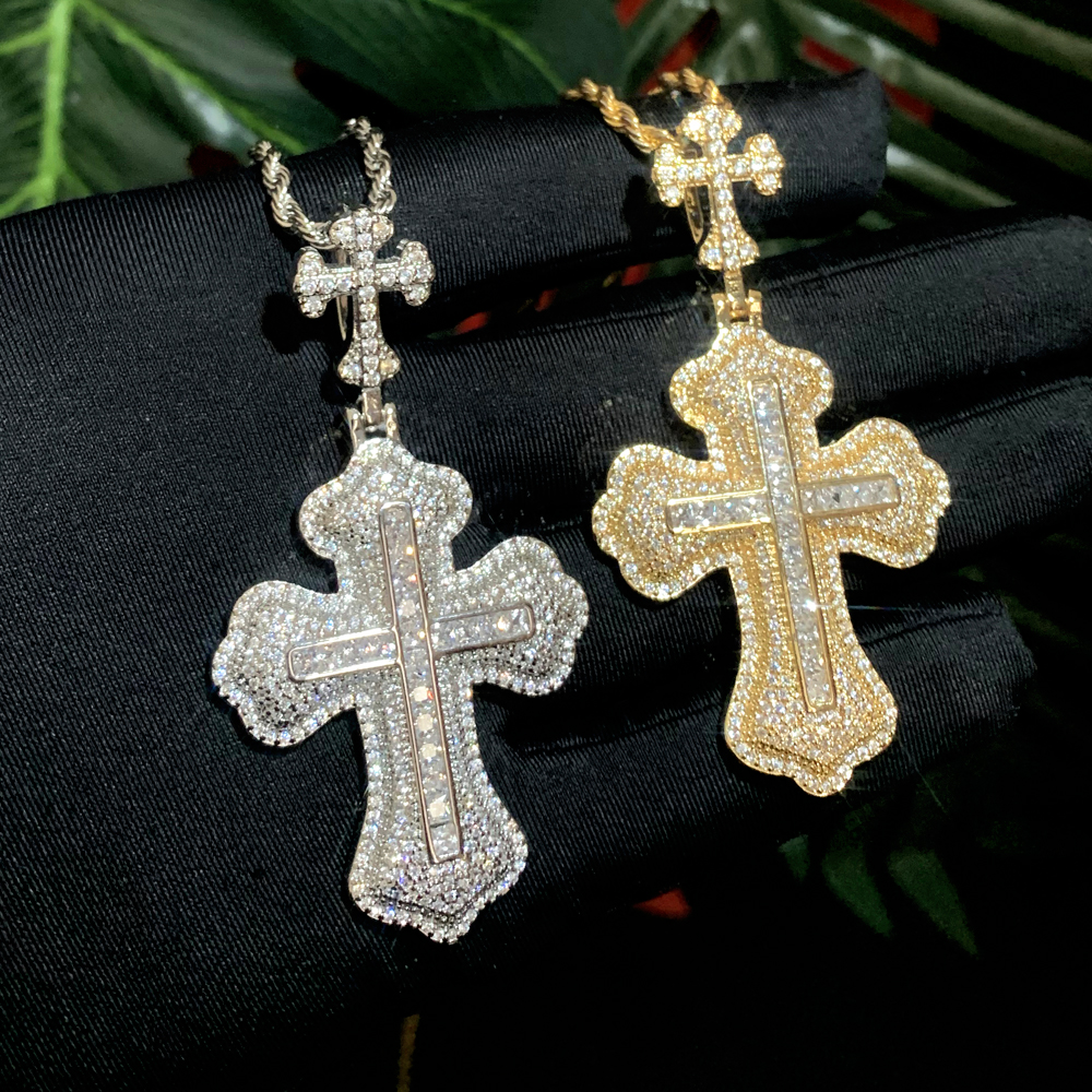 Hip Pop Iced Out Bling Cz Cross Pendant Necklace Full Paved Cubic Zircon Gold Color Neck Chain Accessories Men Jewelry