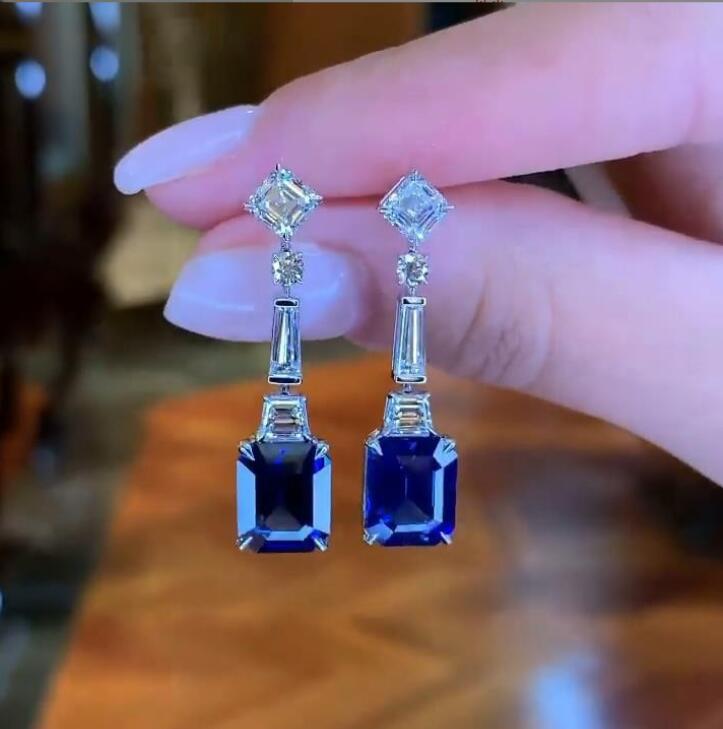 Sterg Sier Blue Sapphire CZ Dia Cut Dangle Earrings for Women's Party Wedding Jewelry