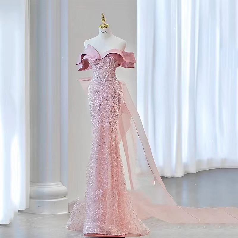 African pink Sequins Mermaid Formal Evening Dresses 2023 With Long off shoulder crystals Plus Size Sparkly Beaded Prom Pageant Gowns Robe De Soir
