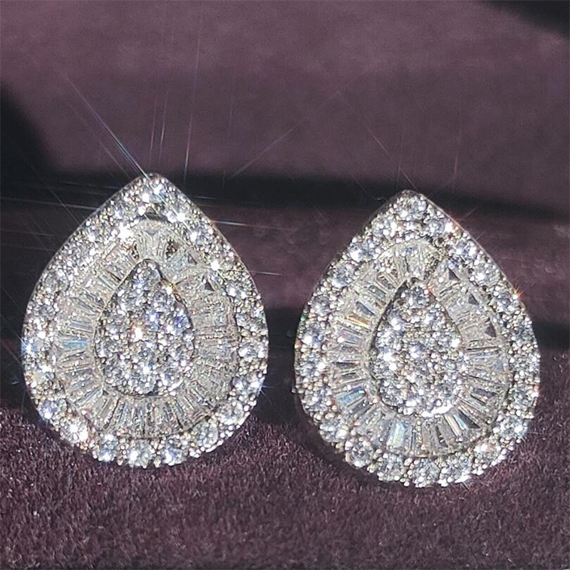 Stud Earrings: Sterg Sier Princess Cut 5A Cubic Zirconia CZ Dia Pave Sparkg Women's Wedding Water Drop Earrings