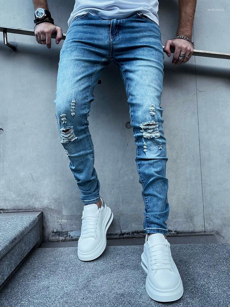 

Men's Jeans Men's Holes Ripped Stretch Denim Strweetwear Light Blue Slim Skinny Tapered Pants Distressed Trousers