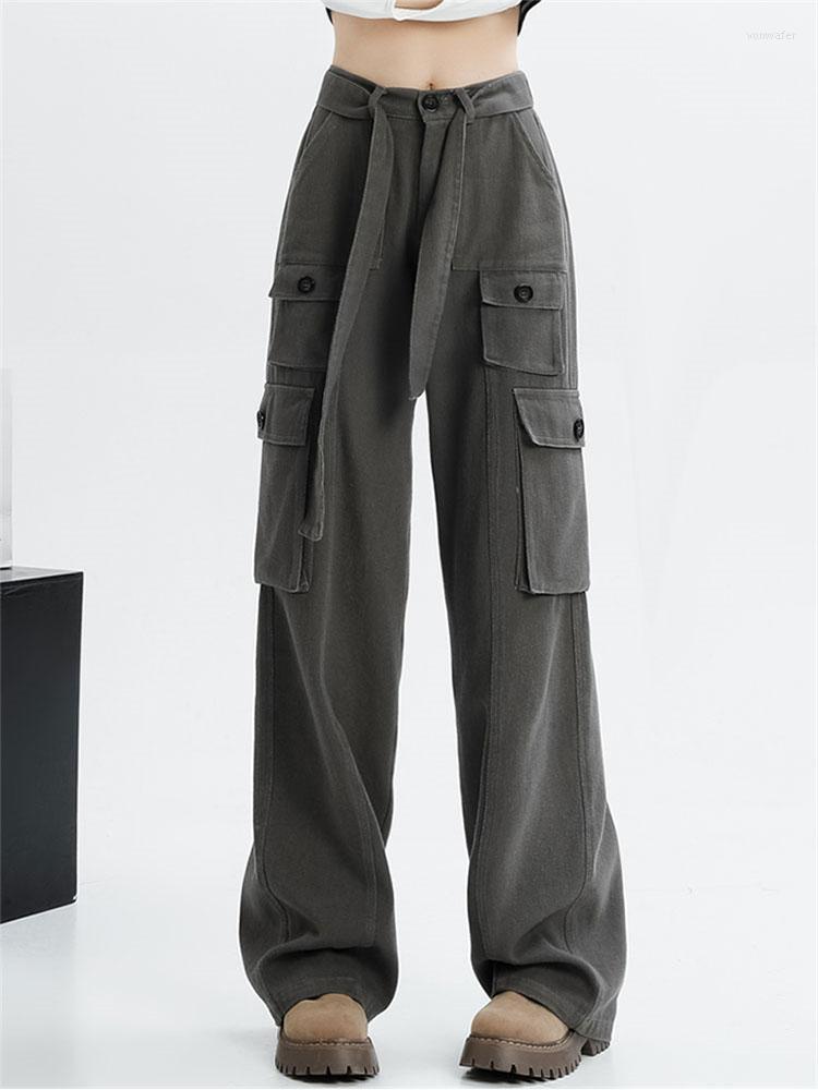 

Women' Pants Streetwear Retro Gray Cargo Women' American Style Loose Niche All-match High Waist Straight Wide Leg Overalls, Black