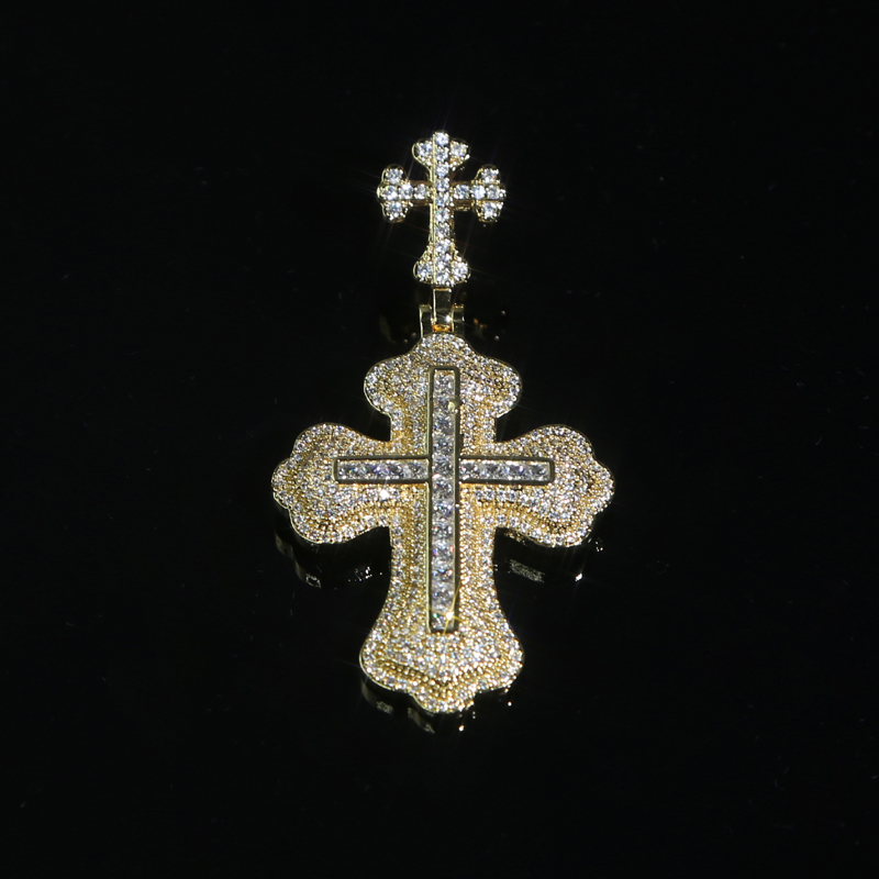 Hip Pop Iced Out Bling Cz Cross Pendant Necklace Full Paved Cubic Zircon Gold Color Neck Chain Accessories Men Jewelry