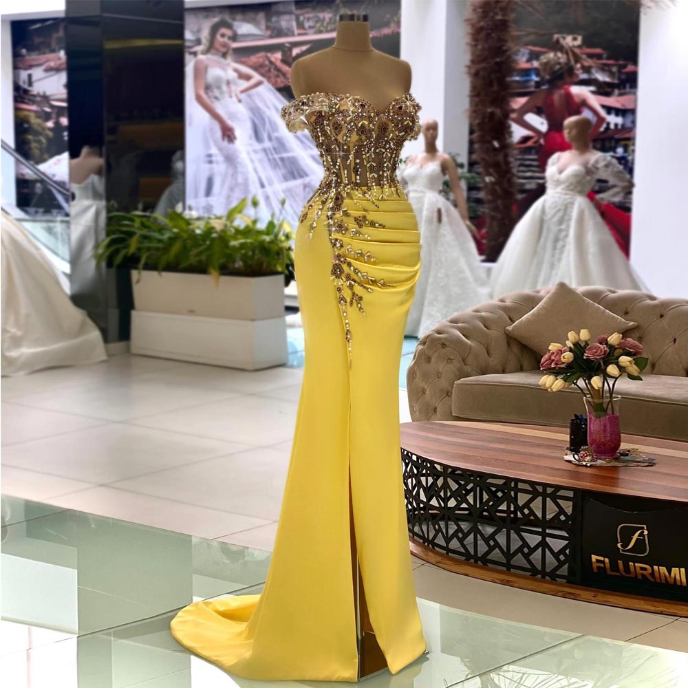 Yellow Mermaid Prom Dresses Side Split Beaded Evening Gowns Pearls Sweep Train Satin Off The Shoulder Neckline Special Occasion Formal Wear