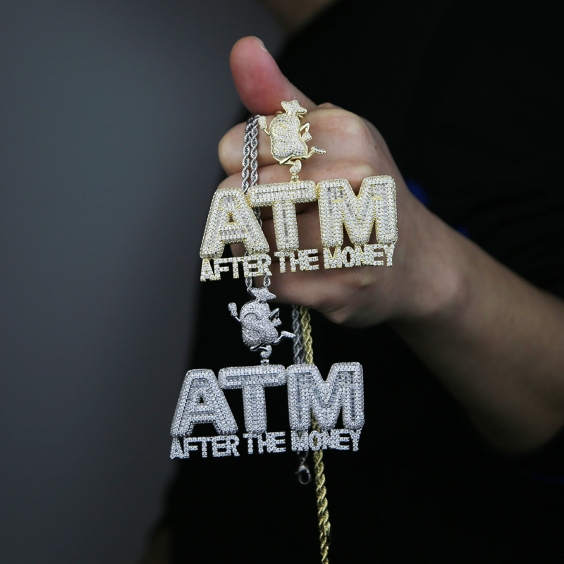 After The Money ATM Hip Hop Pendant For Men Gold Plated Micro Pave 5A Cubic Zirconia CZ Cool Rock Punk Jewelry