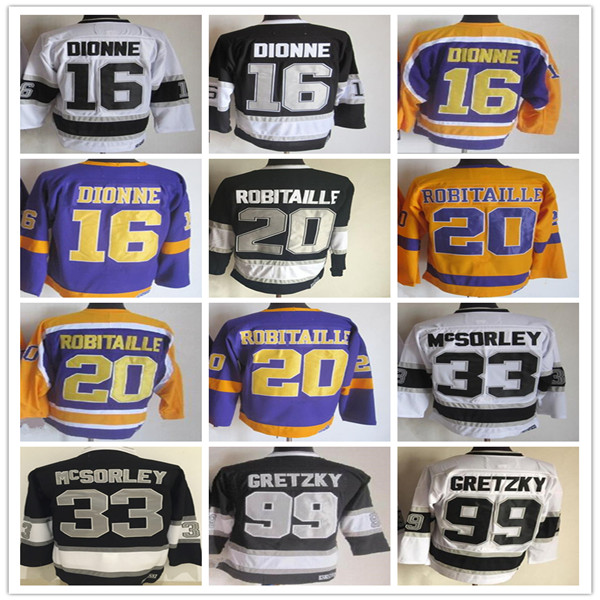LA Vintage Hockey Jerseys 99 Wayne Gretzky 33 Marty McSorley 20 Luc Robitaille 16 Marcel Dionne Stitched Retro Uniforms Black White Yellow Purple Alternate