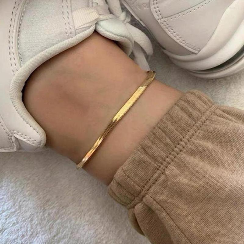 Anklets Stainless Steel Gold-Plated 4MM Flat Snake Chain Anklet Simple Ladies Jewelry Beach Bracelets For Women