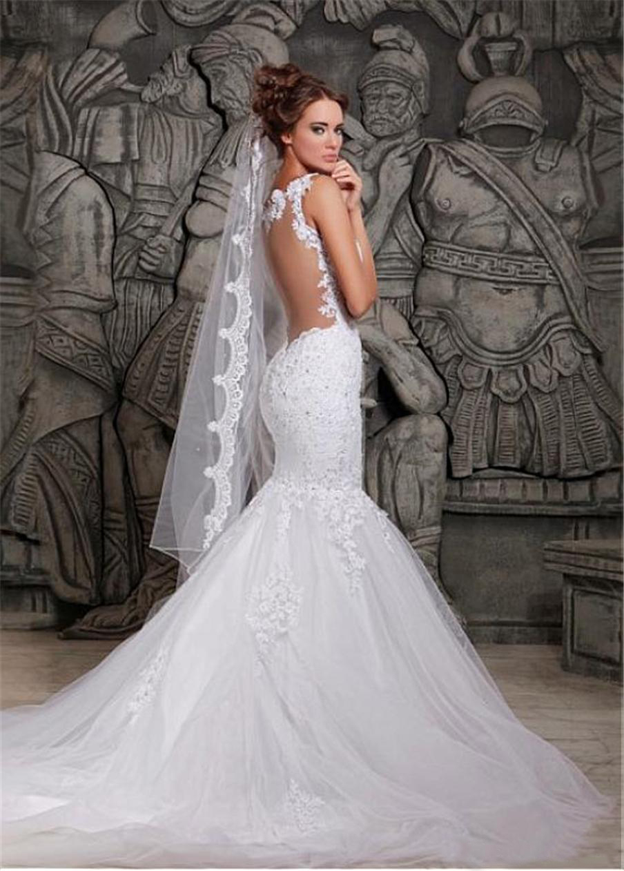 Tulle & Satin Spaghetti Straps Neckline Applique Lace Mermaid Wedding Dress Open Back Wedding Gown Bridal Dresses