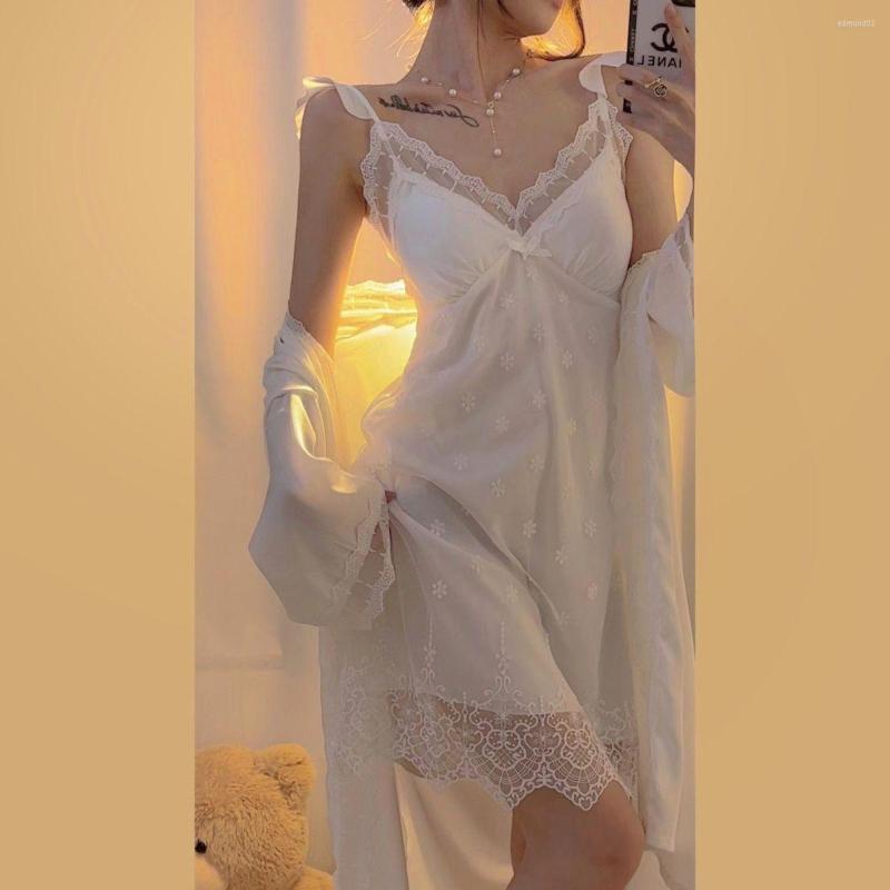 Women's Sleepwear Pyjama Femme Ice Silk Long-sleeved Pajamas Female Sense Lace Halter Nightgown Pure Desire Robe Two-piece, White dress
Women's Sleepwear Pyjama Femme Ice Silk Long-sleeved Pajamas Female Sense Lace Halter Nightgown Pure Desire Robe Two-piece, White dress