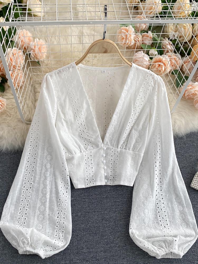 Women' Blouses Sexy Hollow Out Women' Blouse Elegant Deep V-Neck Slim Short Shirts Female Puff Long Sleeve White Tops Autumn 2022
Women' Blouses Sexy Hollow Out Women' Blouse Elegant Deep V-Neck Slim Short Shirts Female Puff Long Sleeve White Tops Autumn 2022