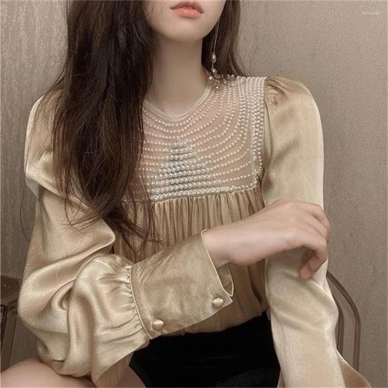 Women's Blouses French Vintage Autumn Women Blouse Beaded Long Sleeve Round Neck Shirring Shirt Ladies Casual Temperament Top Blusas DD6635, Black 
Women's Blouses French Vintage Autumn Women Blouse Beaded Long Sleeve Round Neck Shirring Shirt Ladies Casual Temperament Top Blusas DD6635, Black
