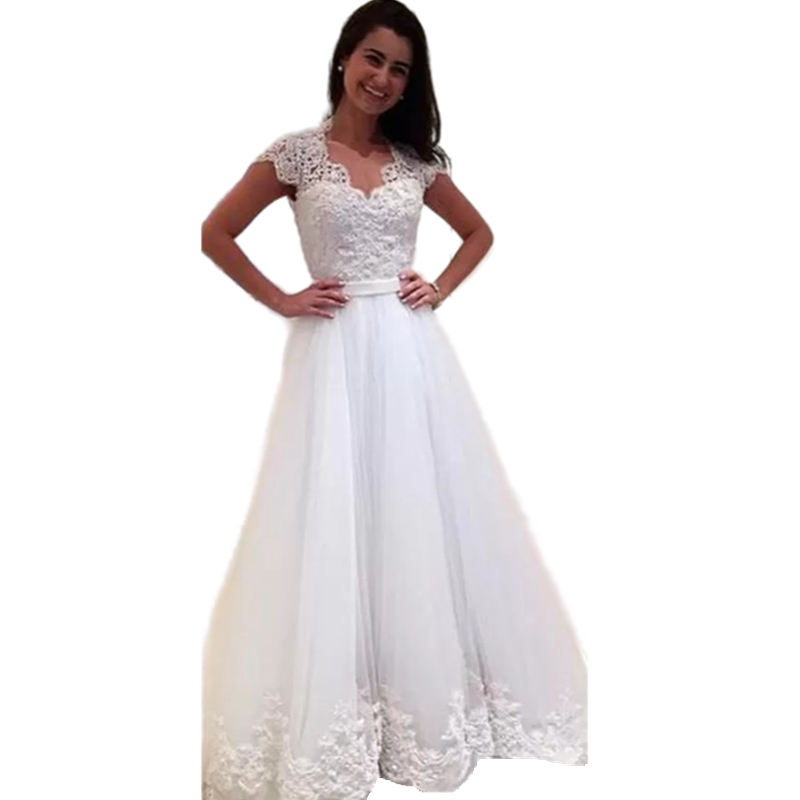 Sexy Illusion Lace Wedding Dresses Bridal Gowns V Neck Back Covered Buttons Short Sleeves Sweep Train Long Top Appliqued Beaded Boho A Line Ivory Brid