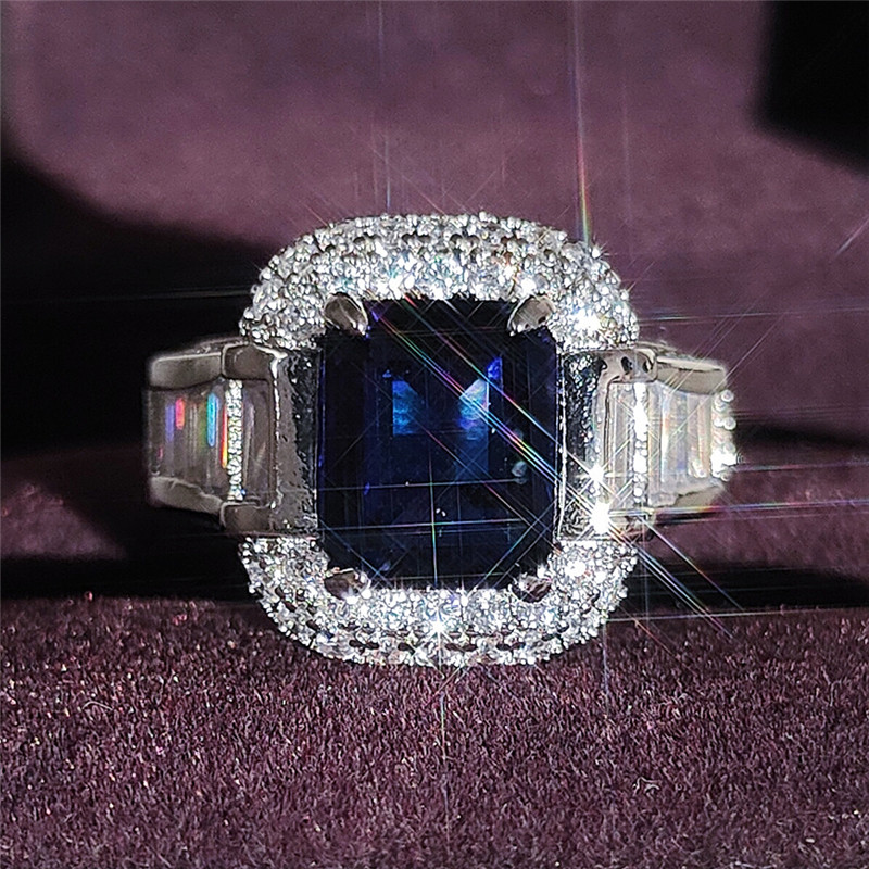 Luxury Jewelry Wedding Rings 925 Sterling Silver Princess Cut Blue Sapphire CZ Diamond Moissanite Party Women Engagement Bridal Ring For Lover Gift
