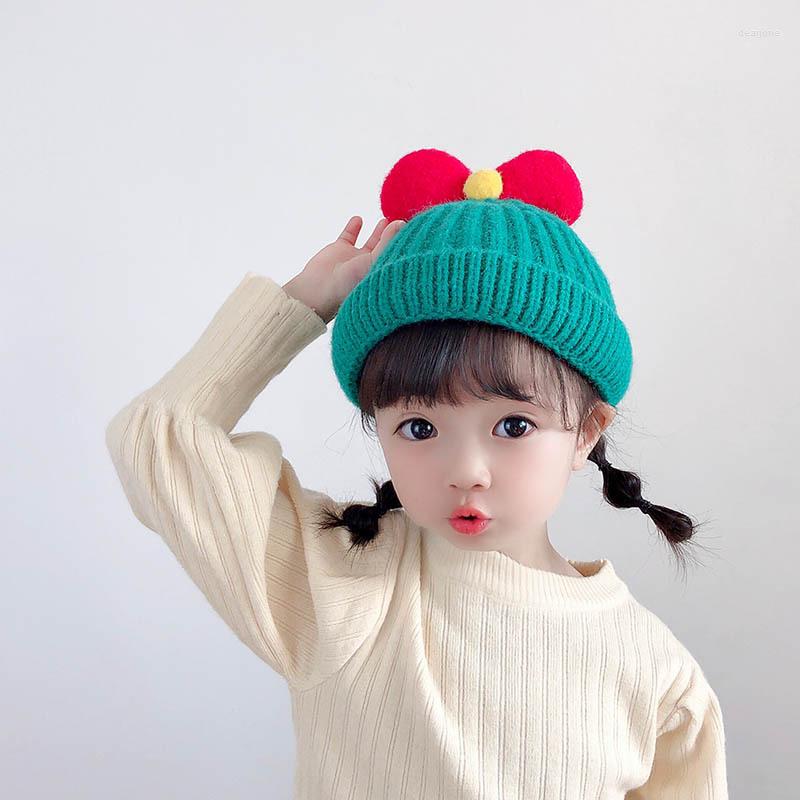 

Hats Baby Beanies Children Knitted Winter Kids Cute Princess Cap Girls Boys Solid Color Warm Thick Parent-child Hat With Bowknot