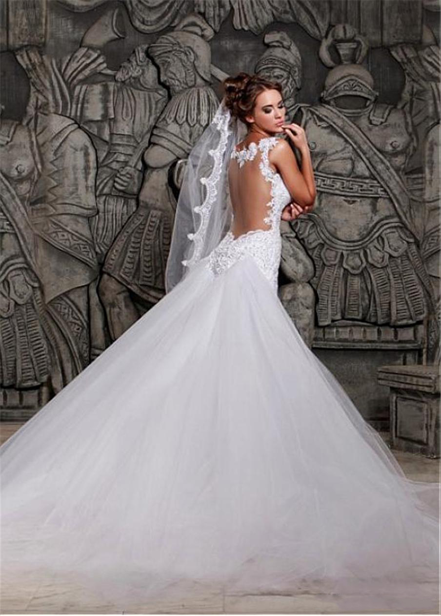 Tulle & Satin Spaghetti Straps Neckline Applique Lace Mermaid Wedding Dress Open Back Wedding Gown Bridal Dresses