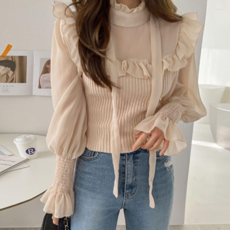 Women's Blouses WDMSNA Chic Chiffon Stitching Knitted Blouse Women Elegant Stand Collar Ruffles Blusas Lace-up Flare Sleeve Ladies Shirt, Black
Women's Blouses WDMSNA Chic Chiffon Stitching Knitted Blouse Women Elegant Stand Collar Ruffles Blusas Lace-up Flare Sleeve Ladies Shirt, Black