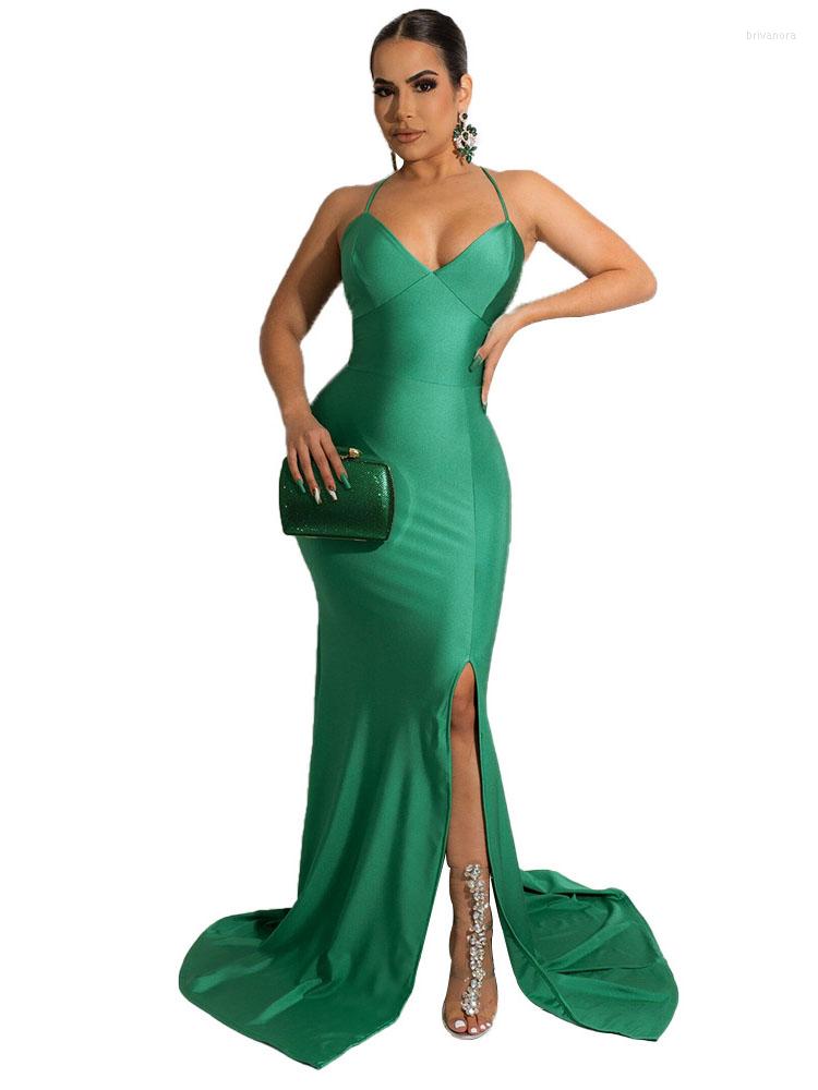 Casual Dresses Szkzk Sexy Tight For Women 2022 Strap Backless Floor-length Dress Prom Evening Split Fork Nightclub Party, Black