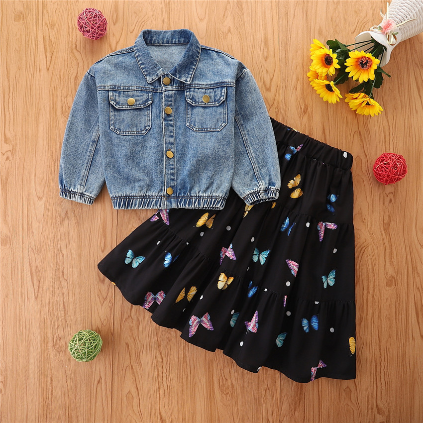 2022 children Spring autumn clothes set girls denim jacket skirts 2pcs outfit butterfly skirt, As picture
2022 children Spring autumn clothes set girls denim jacket skirts 2pcs outfit butterfly skirt, As picture