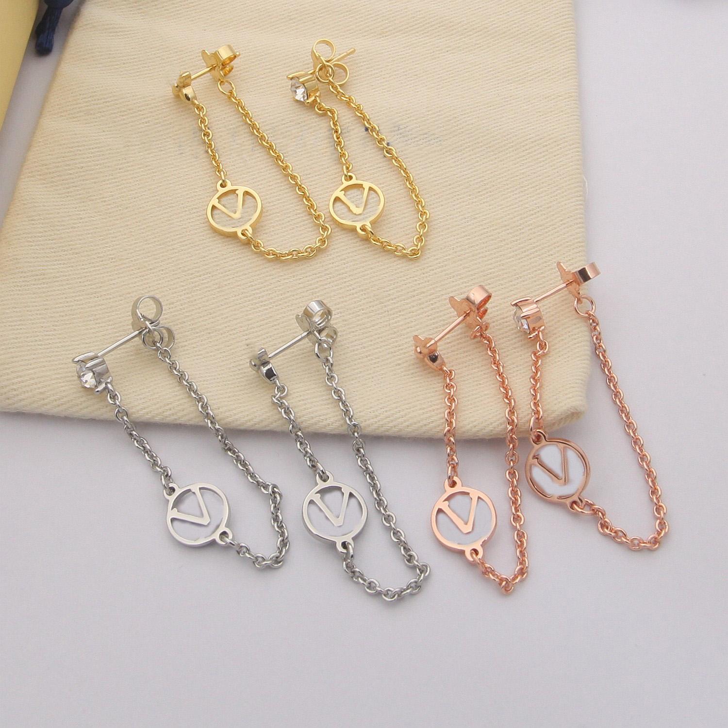Tassel Designer Letters Stud Earring Pendant Luxury Gold V Studs Charm Earrings Women Men Wedding Party 3 Color Jewelry Valentine With Box