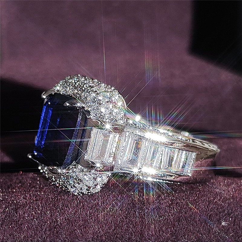 Luxury Jewelry Wedding Rings 925 Sterling Silver Princess Cut Blue Sapphire CZ Diamond Moissanite Party Women Engagement Bridal Ring For Lover Gift
