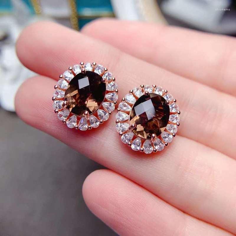 Stud Earrings YULEM For Women Natural Smoky Quartz Big Size 8 10mm 925 Sterling Silver