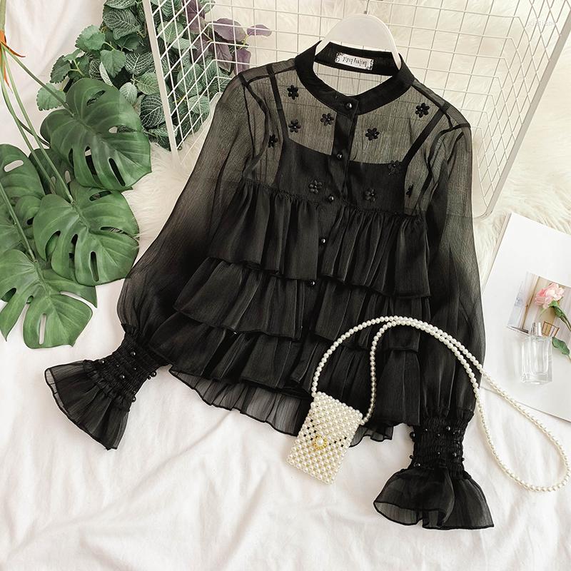 Women's Blouses 2022 Spring Women's O-neck Beading Single-breast Layer Ruffles Lantern Sleeve Chiffon Shirts Female Elegant Shirt, Black
Women's Blouses 2022 Spring Women's O-neck Beading Single-breast Layer Ruffles Lantern Sleeve Chiffon Shirts Female Elegant Shirt, Black
