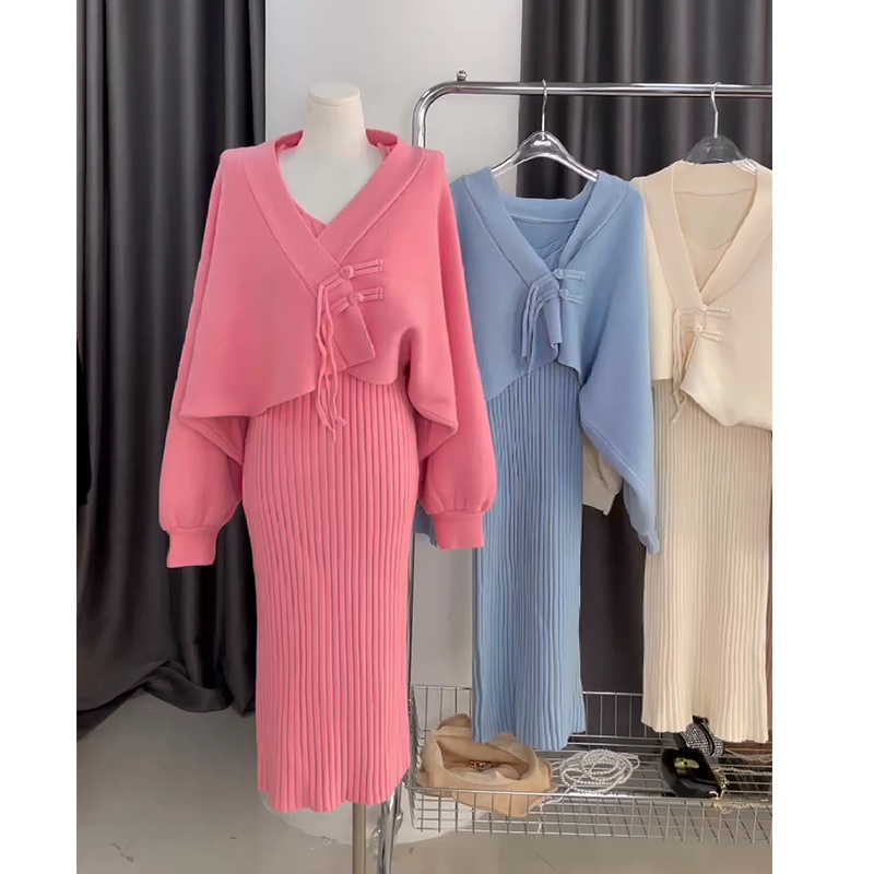 Womens solid color knitted tank dress and sweater cardigan 2 piece dress suit