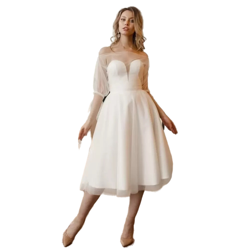 Simple Short A Line Wedding Dresses Bridal Gowns 2023 1/2 Long Sleeve Tea Length Outdoor Boho Beach Bride Dress Robe De Marie