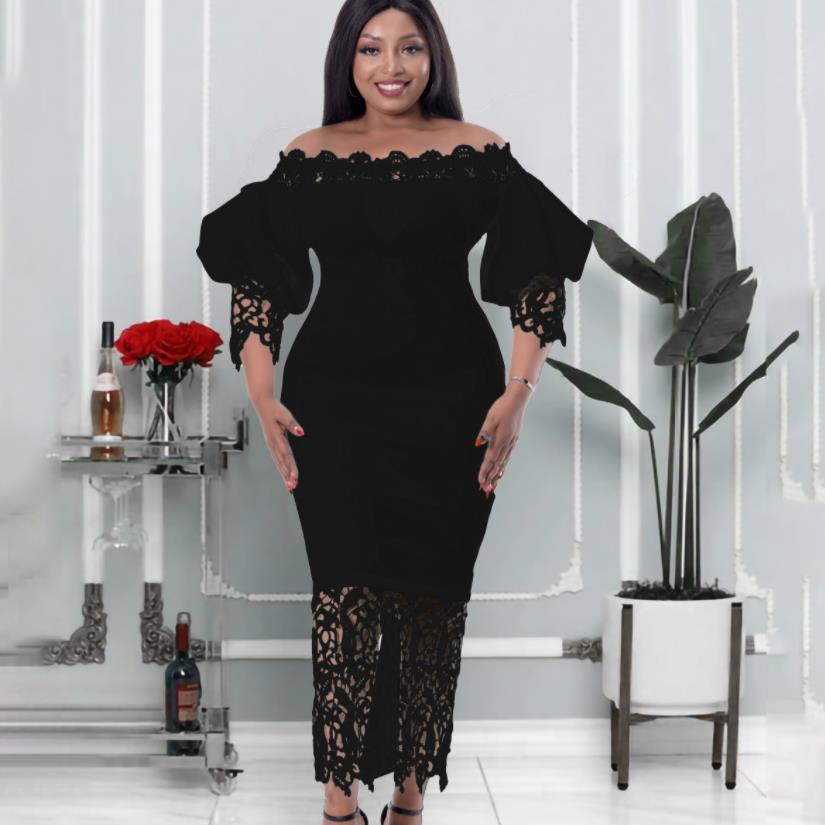 Party Dresses New off shoulder shoulder bag hip lace splicing lantern sleeve European and American dress foreign trade-dress