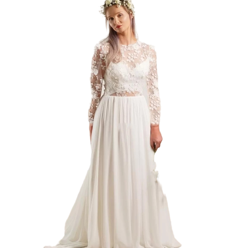Bohemian Wedding Dresses A Line Bridal Gowns Illusion Long Sleeve Pretty 2023 Summer Appliuqes Lace Long Chiffon Beach Boho Bride Dress Floor Length