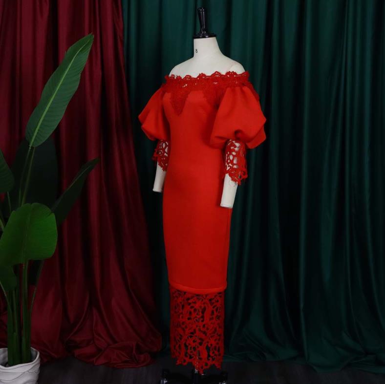 Party Dresses New off shoulder shoulder bag hip lace splicing lantern sleeve European and American dress foreign trade-dress