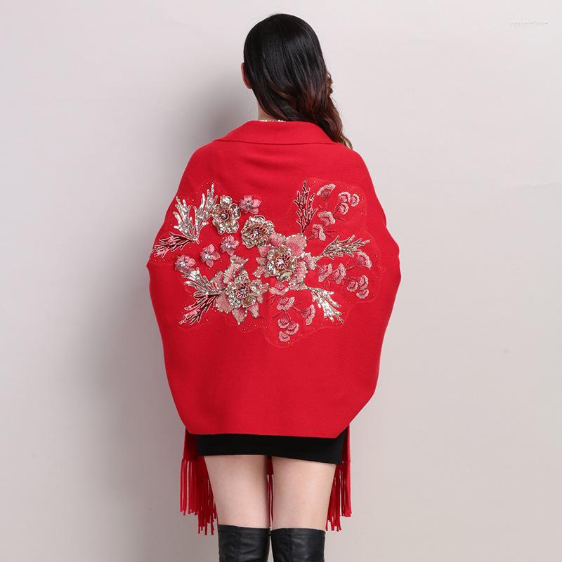 Women's Knits 2022 Autumn Winter Plus Size Embroidery Batwing Sleeve Poncho Women Overwear Coat Floral Cloak Cardigans Sweater With Tassel, Sky blue