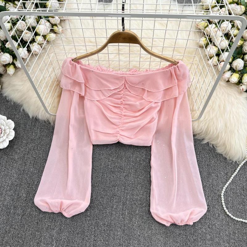 Women's Blouses Off Shoulder Ruffles Slash Neck Blouse Woman Korean Fashion Puff Long Sleeve Chiffon Pleated Ladies Tops Drop, Blue
Women's Blouses Off Shoulder Ruffles Slash Neck Blouse Woman Korean Fashion Puff Long Sleeve Chiffon Pleated Ladies Tops Drop, Blue