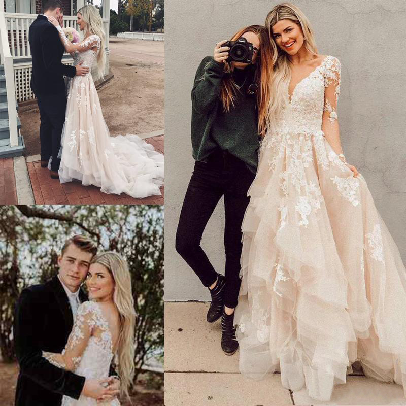 Gorgeous Lace Appliques Long Sleeve A Line Wedding Dress V Neck Backless Tiered Ruffles Tulle Sweep Train Bridal Gowns, Green
Gorgeous Lace Appliques Long Sleeve A Line Wedding Dress V Neck Backless Tiered Ruffles Tulle Sweep Train Bridal Gowns, Green