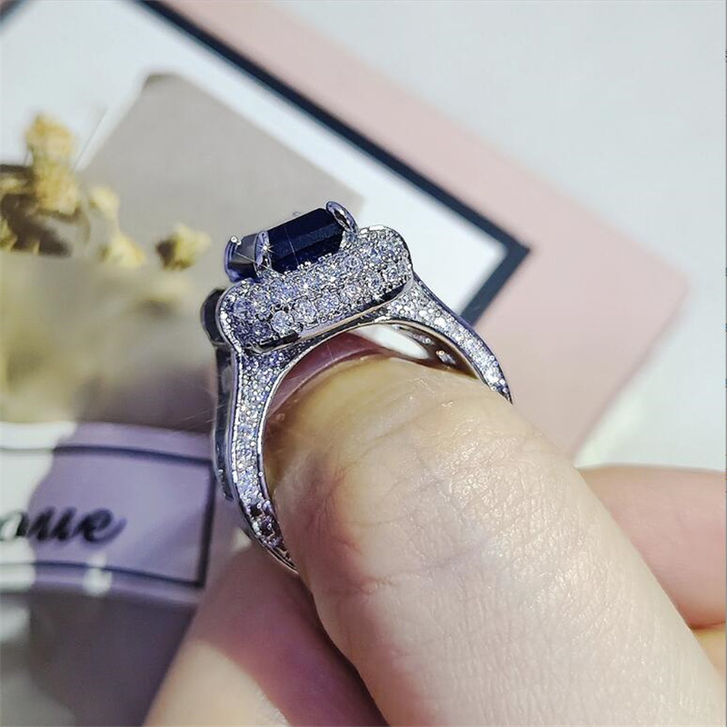 Luxury Jewelry Wedding Rings 925 Sterling Silver Princess Cut Blue Sapphire CZ Diamond Moissanite Party Women Engagement Bridal Ring For Lover Gift