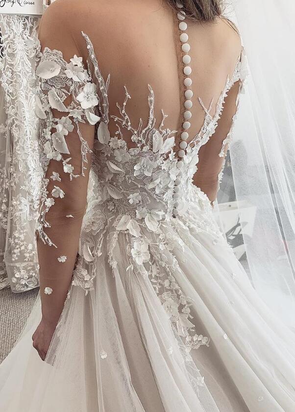 Delicate Illusion Tulle A e Dresses Jewel Neck Sleeve Covered Button Long Wedding Gowns vestidos de novia With wers