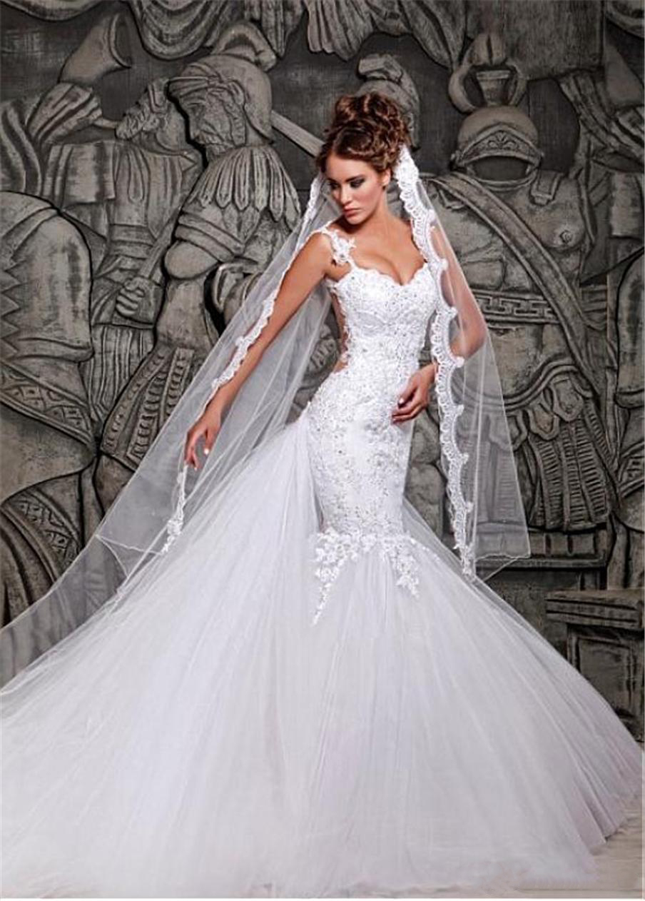 Tulle & Satin Spaghetti Straps Neckline Applique Lace Mermaid Wedding Dress Open Back Wedding Gown Bridal Dresses