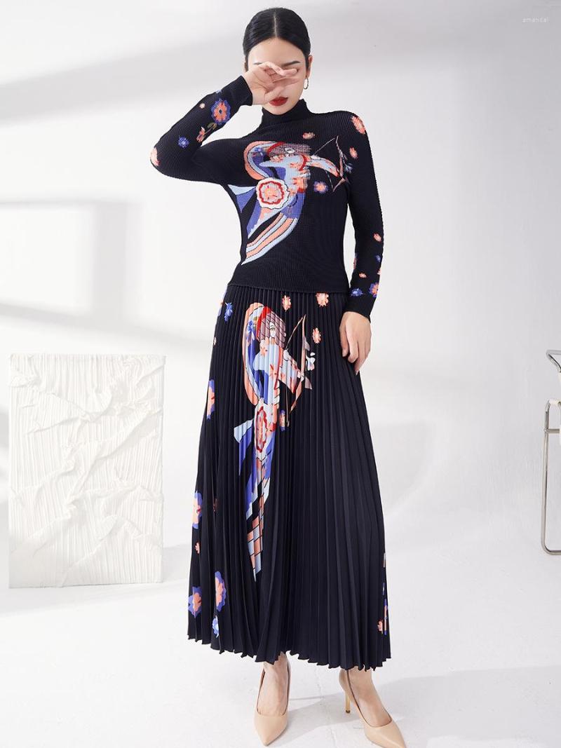 Women's T Shirts Miyake Pleated Skirt Suit Female Print High Collar Long Sleeves Waist A-line Two-piece Set, Picture color
Women's T Shirts Miyake Pleated Skirt Suit Female Print High Collar Long Sleeves Waist A-line Two-piece Set, Picture color