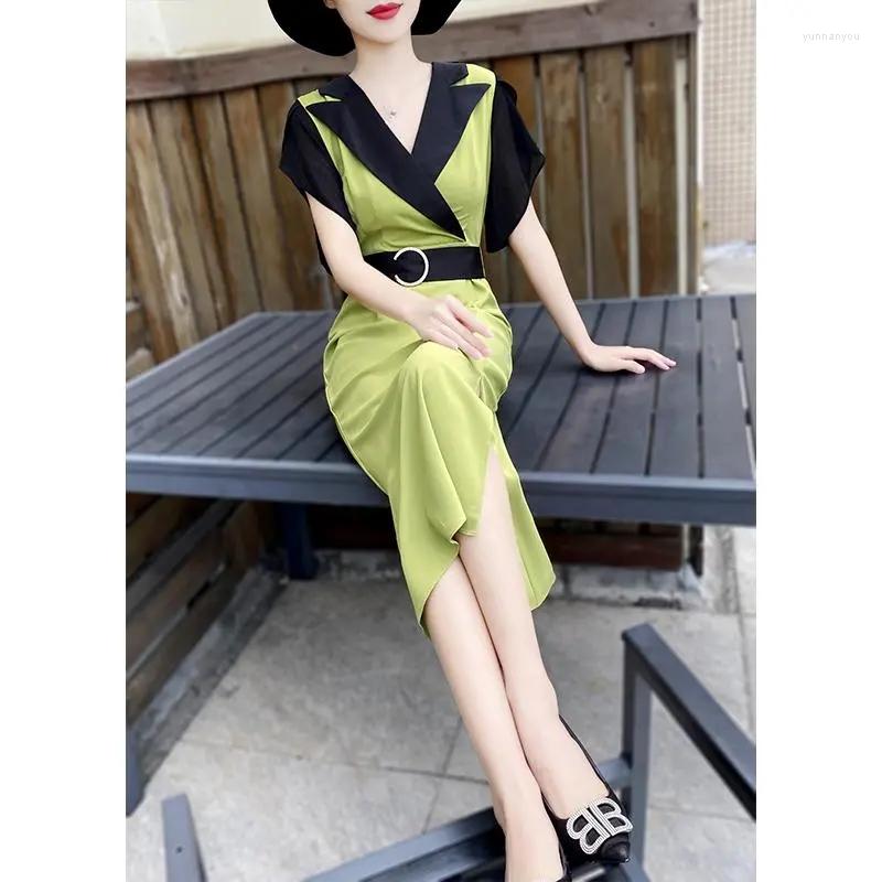 Party Dresses 2022 Summer Dress Suit Collar Women Temperament Shorts Sleeves Contrast Stitching Midi With Belt Female Plus Size, Yellow-green 
Party Dresses 2022 Summer Dress Suit Collar Women Temperament Shorts Sleeves Contrast Stitching Midi With Belt Female Plus Size, Yellow-green