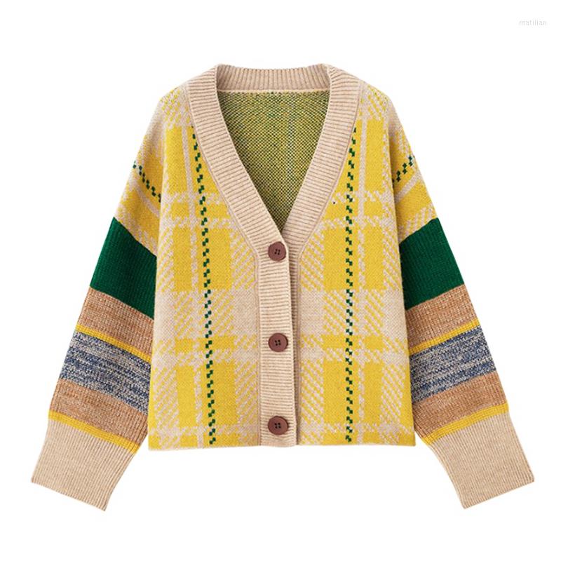 Women's Knits PERHAPS U Women Sweater Knitted Long Sleeve Yellow Green Cardigans V-neck Loose Autumn Plaid Button M0424
Women's Knits PERHAPS U Women Sweater Knitted Long Sleeve Yellow Green Cardigans V-neck Loose Autumn Plaid Button M0424