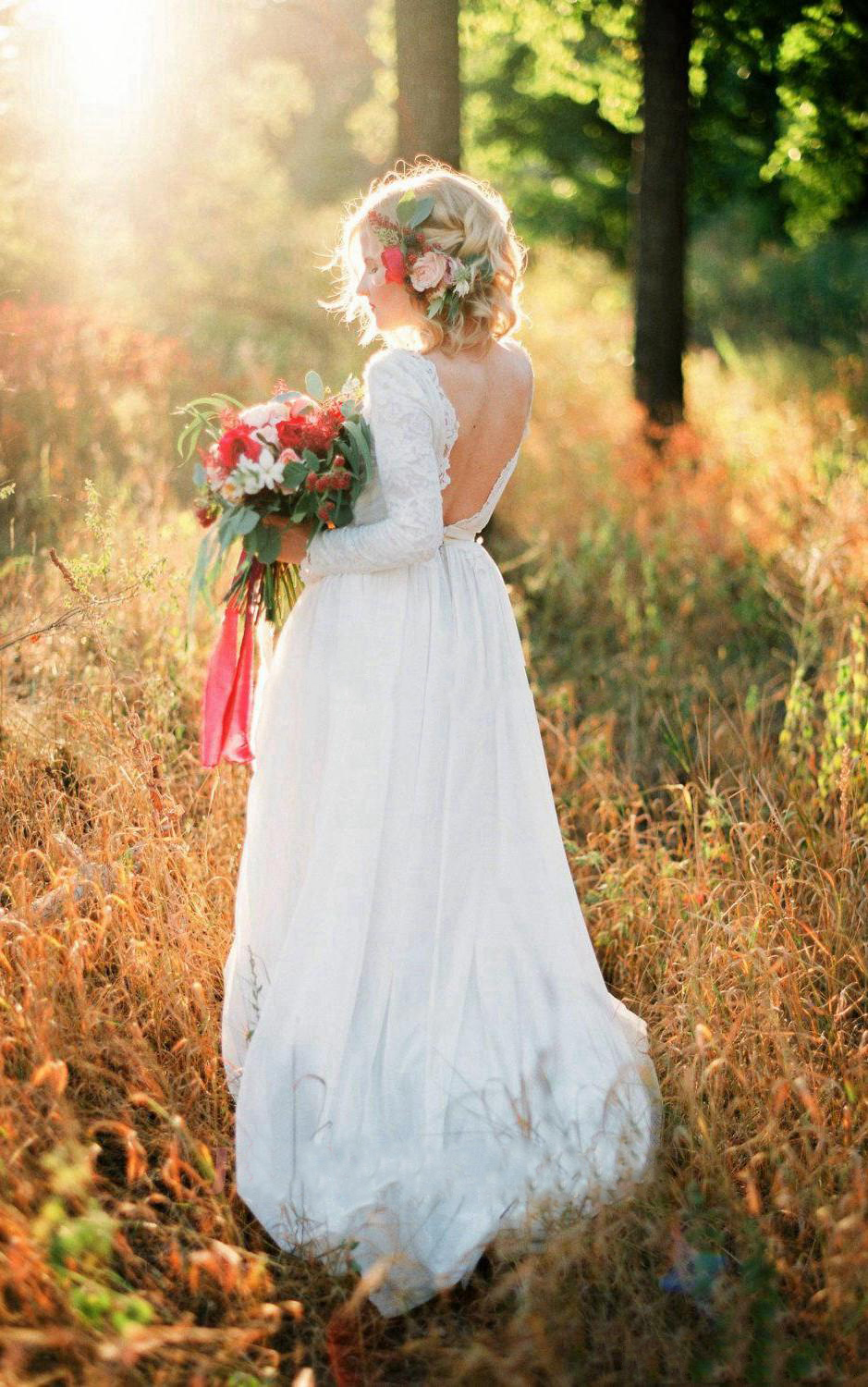 Lace Chiffon Long Sleeve Backless Wedding Dresses Romantic Jewel Neck Full Length Country Bohemian Outdoor Bridal Dress
