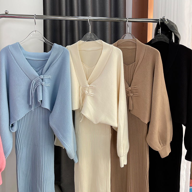 Womens solid color knitted tank dress and sweater cardigan 2 piece dress suit